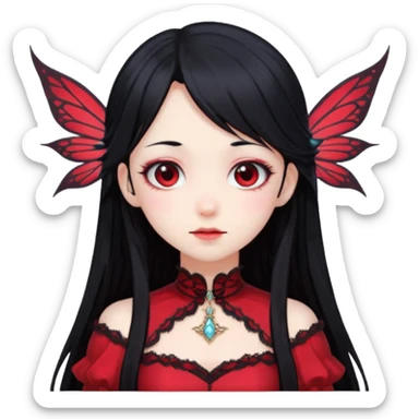 Gothic anime fairy with long beautiful black hair and red dress, pastelcore, sticker