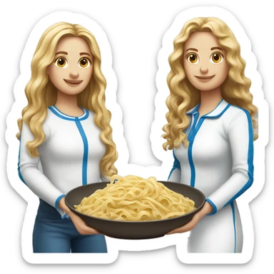 2 women, one with straight long blonde hair and the other with long brown curly hair. Both wearing long sleeved blue and white shirts. Holding Plate of pasta. sticker