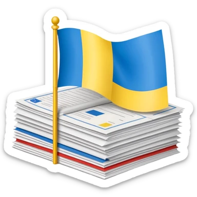 stack of official documents with Ukrainian flag sticker