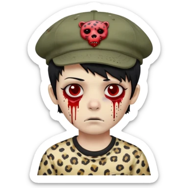 Zombie Boy with black hair and a little blood on his face and sleepy eyes and a cap that has the phrase #jimmy written on it , and a shirt with cheetah texture emoji emo sticker