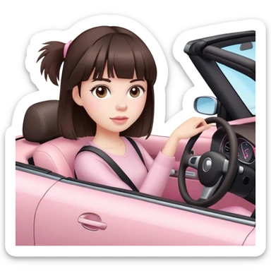 girl with dark brown hair with bangs and pale skin driving convertible car with light pink interior sticker
