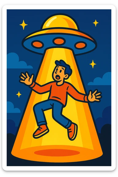 a person being lifted by a tractor beam, vibrant toon style sticker