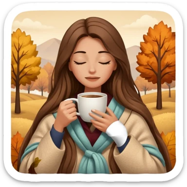 long brown hair woman closed eyes hiding under a cozy wool beige blanket, holding cup of coffee, autumn mood sticker