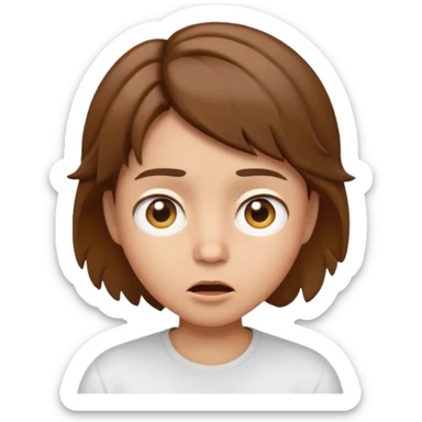 face emoji inspired by a person with short tousled brown hair, surprised expression, light skin, wearing a white shirt sticker