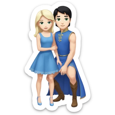 prince, upright, black Hair, blue eyes, blue garment,  Woman, blonde Hair, Green eyes, bending knee, sleveless, white Dress, sticker