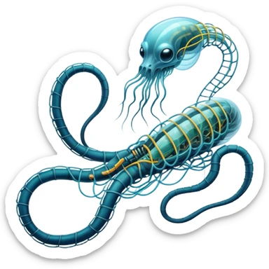 A high-tech serpent made of electric wires and cables with rubber scales that reveal its electric skeleton, possessing both jellyfish-like tendrils and the ability to generate electrical pulses that illuminate the ocean depths. sticker
