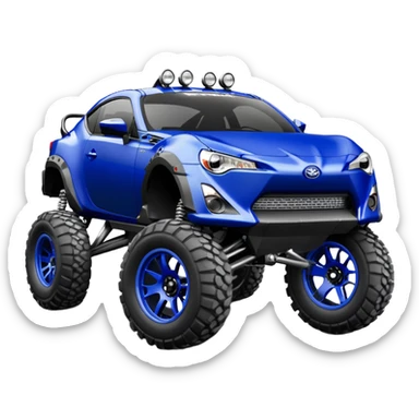 Armored Dirty raced redneck jacked 2013 scion fr-s ultramarine off road 4wd monster Baja dessert stadium rock racer number 86 with long travel suspension, shiny silver wheels, exaggerated wide black fender flares  sticker