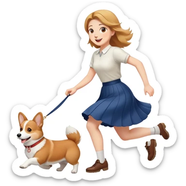 A beautiful girl with fair skin happily chases a corgi in a skirt sticker