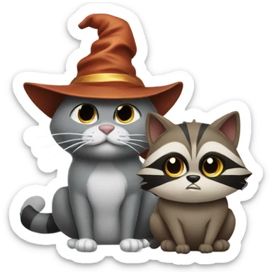 Grey cat with wizard hat sitting next to brown angry raccoon cat sticker