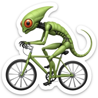 insectoid alien riding a bicycle, bug-like eyes, segmented limbs, strange but fun cycling pose, sci-fi creature vibe, 3D cartoon, mobile game icon style, clean background, no text, no watermark
 sticker