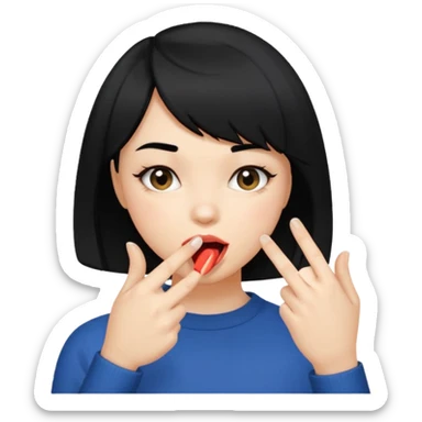 Chicas con pelo negro y corte bob haciendo que se muerde uno de sus dedos de manera picara, puedes hacer que se muerda el dedo sin sacar la lengua. Solo una mano sticker