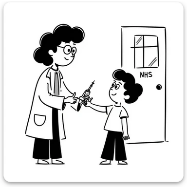 A 1960s doctor injecting a measles vaccination to a happy child in a doctors surgery.  On the door is a sign that reads NHS sticker