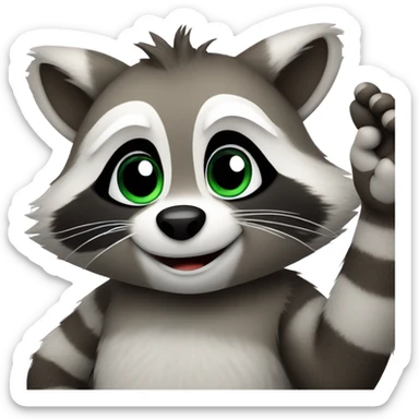 A cute fluffy raccoon waves his paw and greets sticker