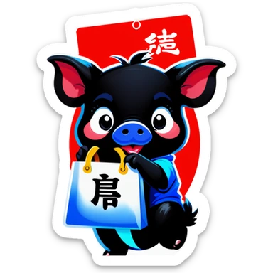 a black piglet holding 4 bags with "福 “ written on it sticker