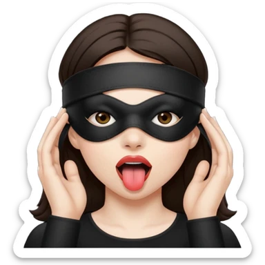 woman with dark brown hair wearing black blind fold completely covering her eyes. tongue out sticker