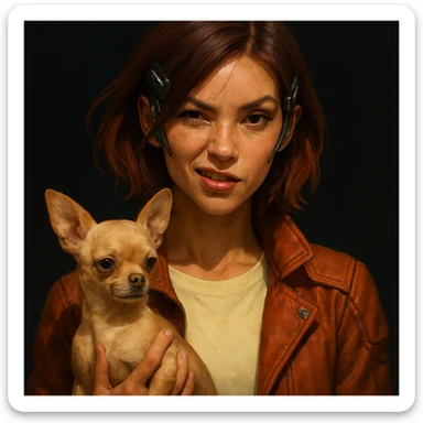 Portrait of a futuristic style woman with tanned skin and subtle freckles, wearing a pale yellow shirt (#FFF8CA) and a rust-colored jacket, mid-length brown hair with auburn highlights, rebellious and playful expression, holding a beige-brown chihuahua, dark background. sticker
