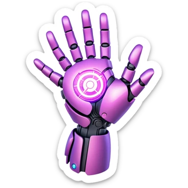 Earth held by a futuristic robotic hand, glowing with purple and pink digital lines, with a high-tech and futuristic atmosphere sticker