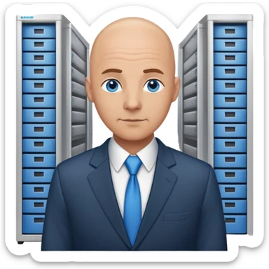 bald man, face and neck, blue eyes, kind face in a business setting and IT background sticker