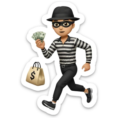 Make a man wear a black pant and he shirt is balck line and white line and wear a black hat and he holding a money bag and he running he wear a black eye thing sticker
