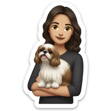 Young dark brunette hair woman with a golden shih tzu in her arms long wavy hair sticker