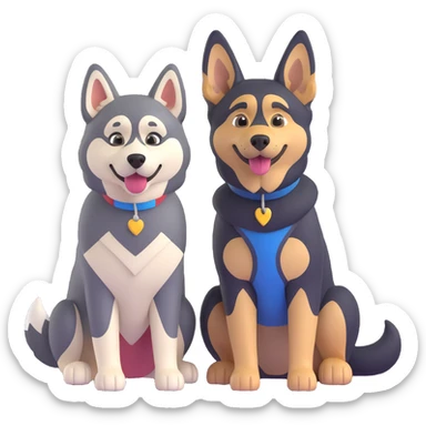 a husky and a German Shepherd sitting side by side both smiling with simple background sticker