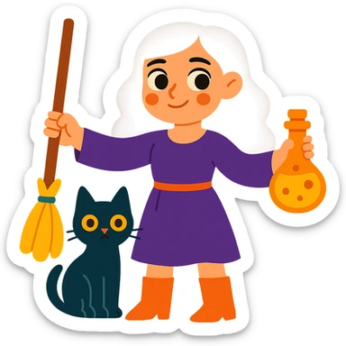 Remove the hat from the brunette girl witch with a black cat, keep her whimsical and magical, vibrant toon style, no background. sticker