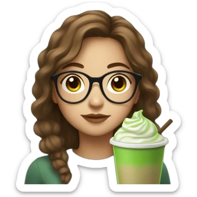 a girl with brown medium hair and round glasses drinking matcha latte sticker