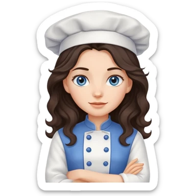 A girl with long, dark brown, wavy hair, grey-blue eyes. He cooks in the clothes of a cook sticker