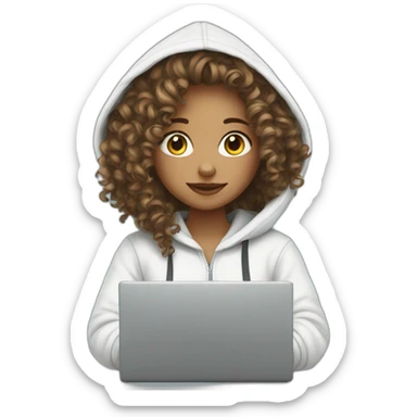 a white tenage curly girl wearing a hoodie working on a laptop sticker