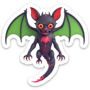 an all black reptilian bat-like creature. One cyclopian red eye in its face. no visible mouth or ears. 2 hind legs with claws. has a long tale with a stinger that drips green poison. no ears. no horns. no arms. visible bone-like stinger at end of tail sticker