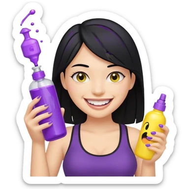 fair girl with black hair, black crop top, big smile with yellow teeth, holding purple and silver spray bottle, genmoji emoji style, reference attached can sticker