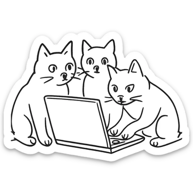 three cats at a computer, hand-drawn outline style sticker