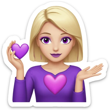 twitch emote, kinda chibi style. blonde hair: long, straight, no bangs. gray eyes. an eyebrow with a slit. purple eyeshadow/eyeliner with gold eyeshadow. only face and arms, hands visible. happy, holding a purple heart. white background. sticker