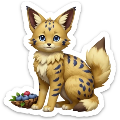 Blueberry-brownie-muffin-themed puffy fluffy thick bushy brownish soft realistic romantic vintage antique divine beautiful elegant pretty precious cute young youthful  Fakémon-Pokémon-feline-Zeraora-Jolteon-serval-caracal-chinchilla-Minccino-Cinccino-Meowstic-rodent-hybrid-creature (full body) sticker