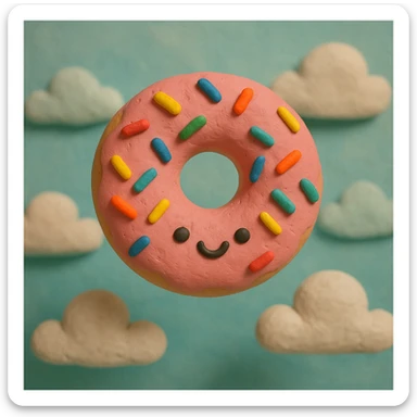 kawaii donut with rainbow sprinkles and happy face, floating in a dreamy cloud background, claymation style sticker