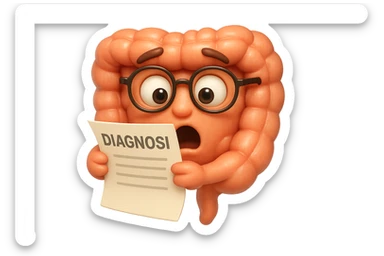 EMOJI STILE IPHONE DI UN INTESTINO CON GLI OCCHIALI CHE LEGGE UN FOGLIO CON LA SCRITTA DIAGNOSI, ESPRESSIONE STUPITA IN VOLTO, IPERREALISTICO 4K sticker