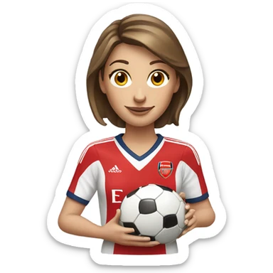 Pretty white woman with short brown hair holding a soccer ball and wearing an Arsenal jersey sticker