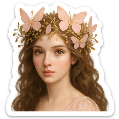 Change the butterfly crown to pastel pink with golden butterflies and vine motifs, lush and enchanting. Keep the background transparent. sticker
