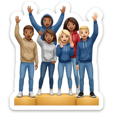 five multi-racial people in jeans and hoodies on a winners’ podium, no numbers, excited, fun, expressive emoji style sticker
