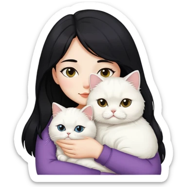 Black layered hair girl snuggling white Persian cat sticker
