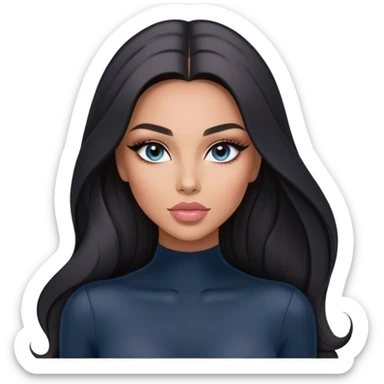 Glamours, tanned, very beautiful girl, with big pump peach-beige-rose lips, long long lashes, black straight smooth silky long hair, straight parting hair, blue-grey eyes in black long-sleeves bodysuit sticker