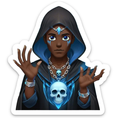 Necromancer man, black necromancer outfit with a skull necklace, with a blue glowing aura floating in his hands sticker