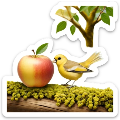 ein tiefer Teller mit breitem rand, darin ein haufen mit gelber Krümel unterschiedlicher Grösse. obendrauf seitlich ein Häufchen Apfelmus. ein Löffel steckt drin sticker