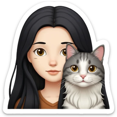 A girl with long black hair and  a long haired tabby sticker