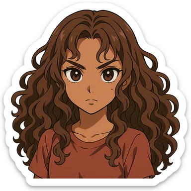 anime girl with long curly hair, medium brown color not too dark, large intense brown eyes, medium skin tone (neither pale nor dark), beauty mark on right cheek sticker