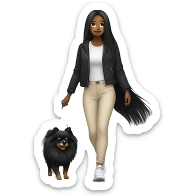 pale girl with long black hair wearing black pants walking with pomeranian sticker
