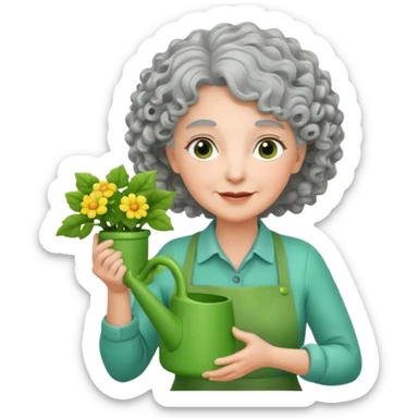 Older female florist – curly hair, hold garden watering pot sticker