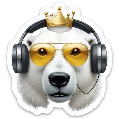 polar bear, cute emoji face, looking forward, remix dj, wearing cool sunglasses and over ear headphones and a fun crown sticker