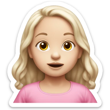 White skinned baby girl with long hair wearing pink clothes eating sticker