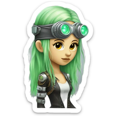 Light green long hair female cyborg head with silver steampunk goggles as a headband, circuits sticker